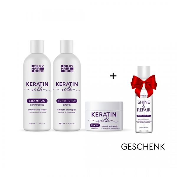 KERATIN SILK Intensiv-Regenerationsset für geschädigte Haarstruktur: Shampoo, Spülung, Maske + Geschenk Haaröl